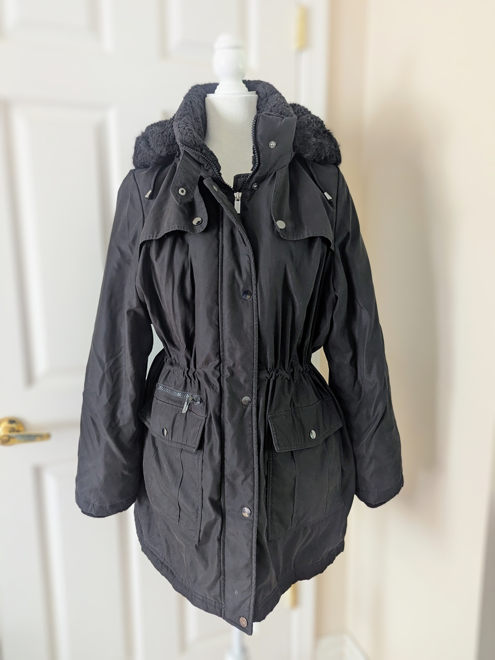Jones New York Black Utility Parka with Faux-Fur Hood